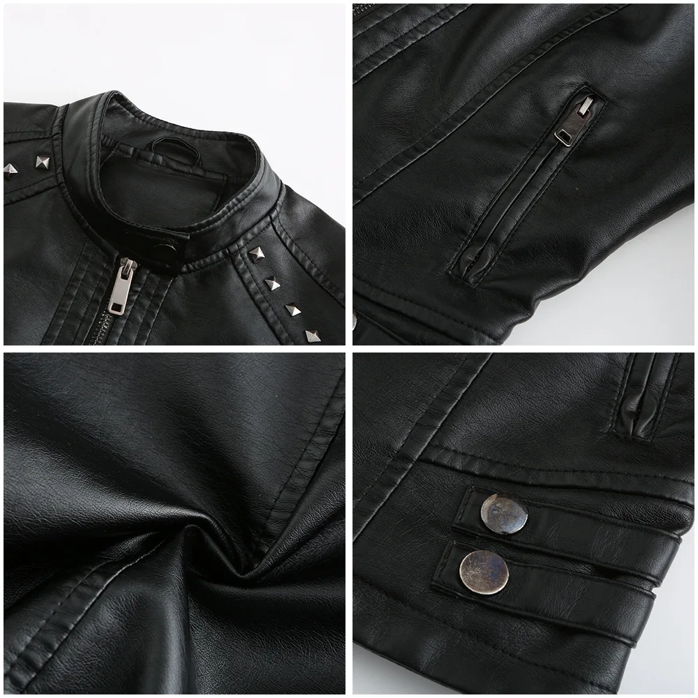 Women's Rivet PU zipper Leather Coat, Black Motorcycle Jacket, Standing Collar, Korean Punk Rock Fashion, Autumn and Winter