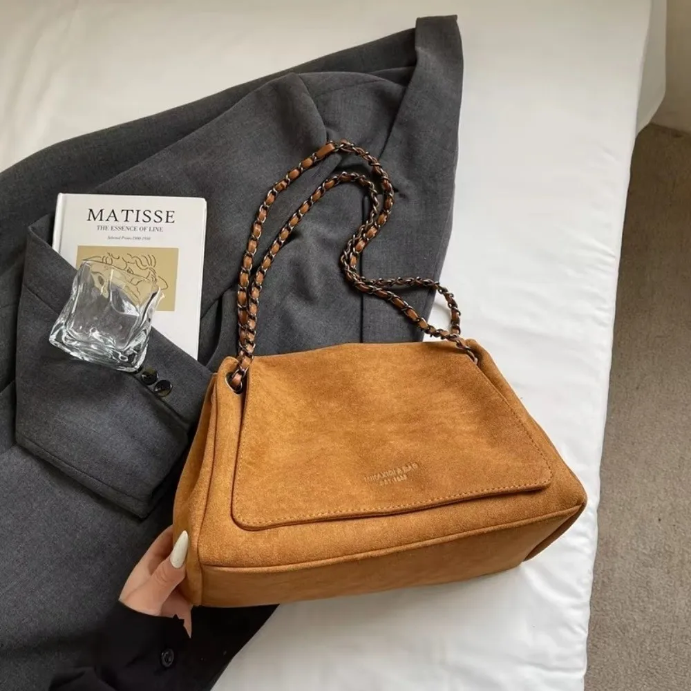 Trendy Retro Women Shoulder Bag Solid Color Large Capacity Handheld Crossbody Bag Suede Messenger Bag Autumn Winter