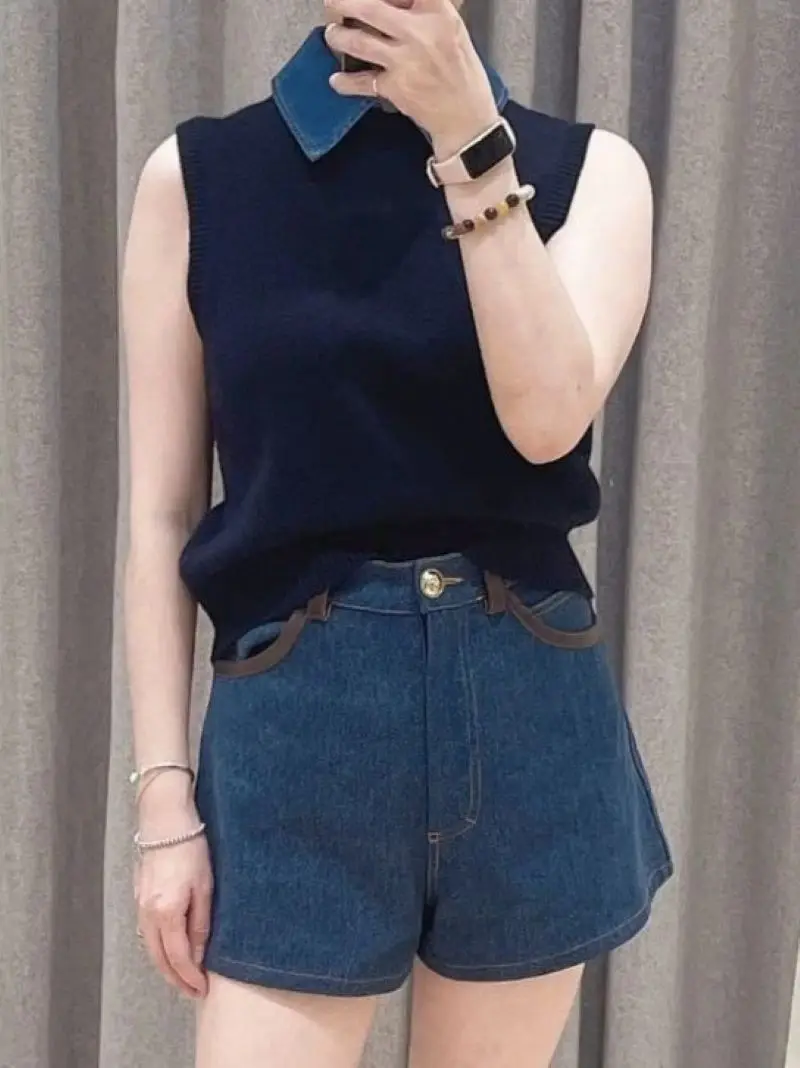 Women Denim Spliced Sweater Detachable Turn-down Collar Sleeveless Fashion Autumn 2024 Knitted Vest