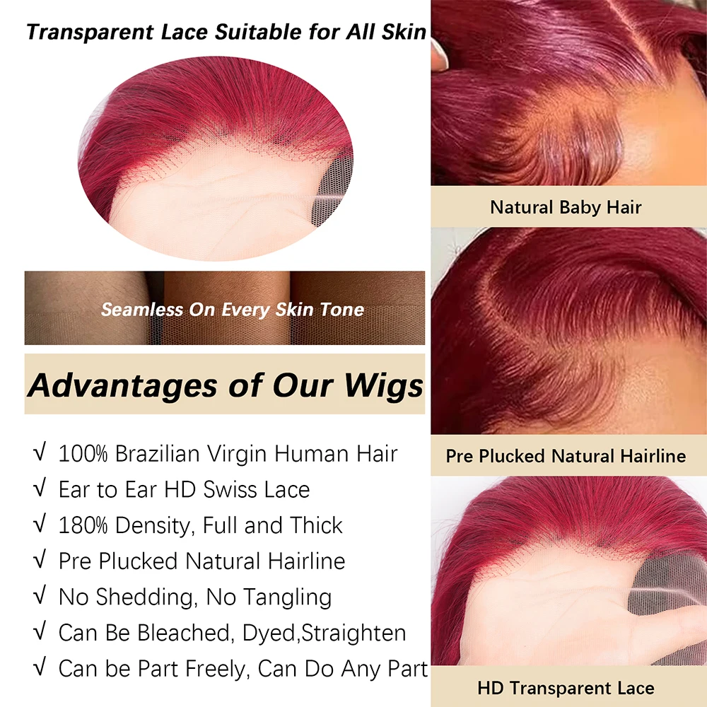 38 بوصة 99J بورجوندي الدانتيل الجبهة الباروكات 13x6 الجسم موجة الدانتيل الجبهة الباروكات شعر الإنسان قبل قطعها النبيذ الأحمر غلويليس الباروكات الأمامية