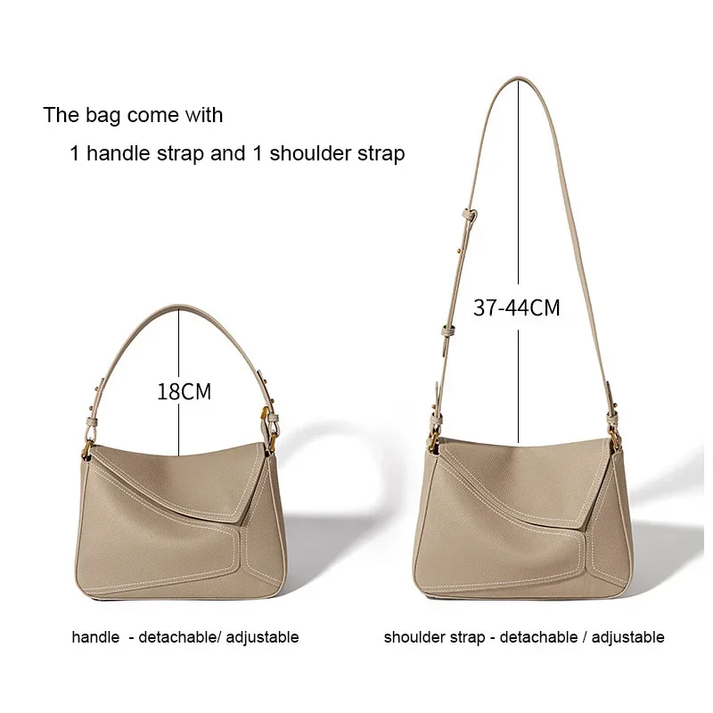 2 Straps Genuine Leather Women\'s Bag Geometric Flap Messenger Bag Autumn Lady Underarm Shoulder Bag Popular Female Handbag