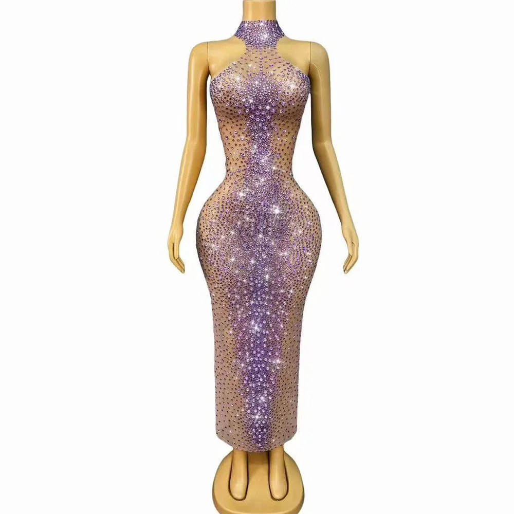 

Blingbling Rhinestones Sexy Stage Nude Mesh Trim fiit Dress Women Dancer Show Costume Evening Party Elegant Gown Stage Wear