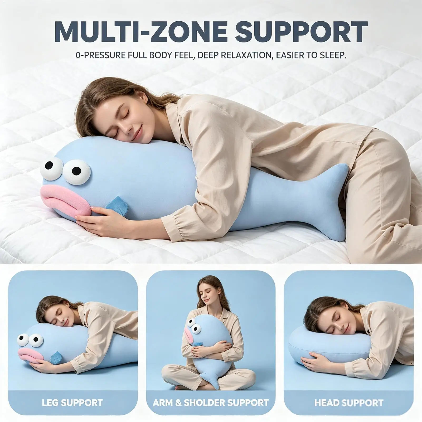 Long Pillow Fish Shape Cooling Hugging Cushion Soft Body Pillow for Home Bedroom Couch Dorm Sleeping Night Daytime Nap