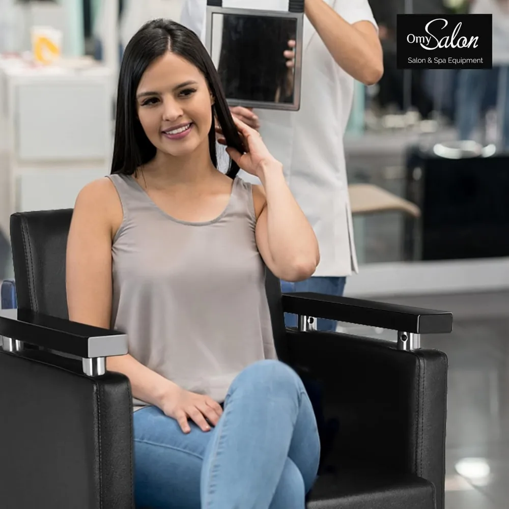 كرسي تصفيف هيدروليكي لصالونات الشعر - كرسي حلاق حديث بقاعدة مربعة ومسند للقدمين وميزات دوارة 360 درجة ومريحة