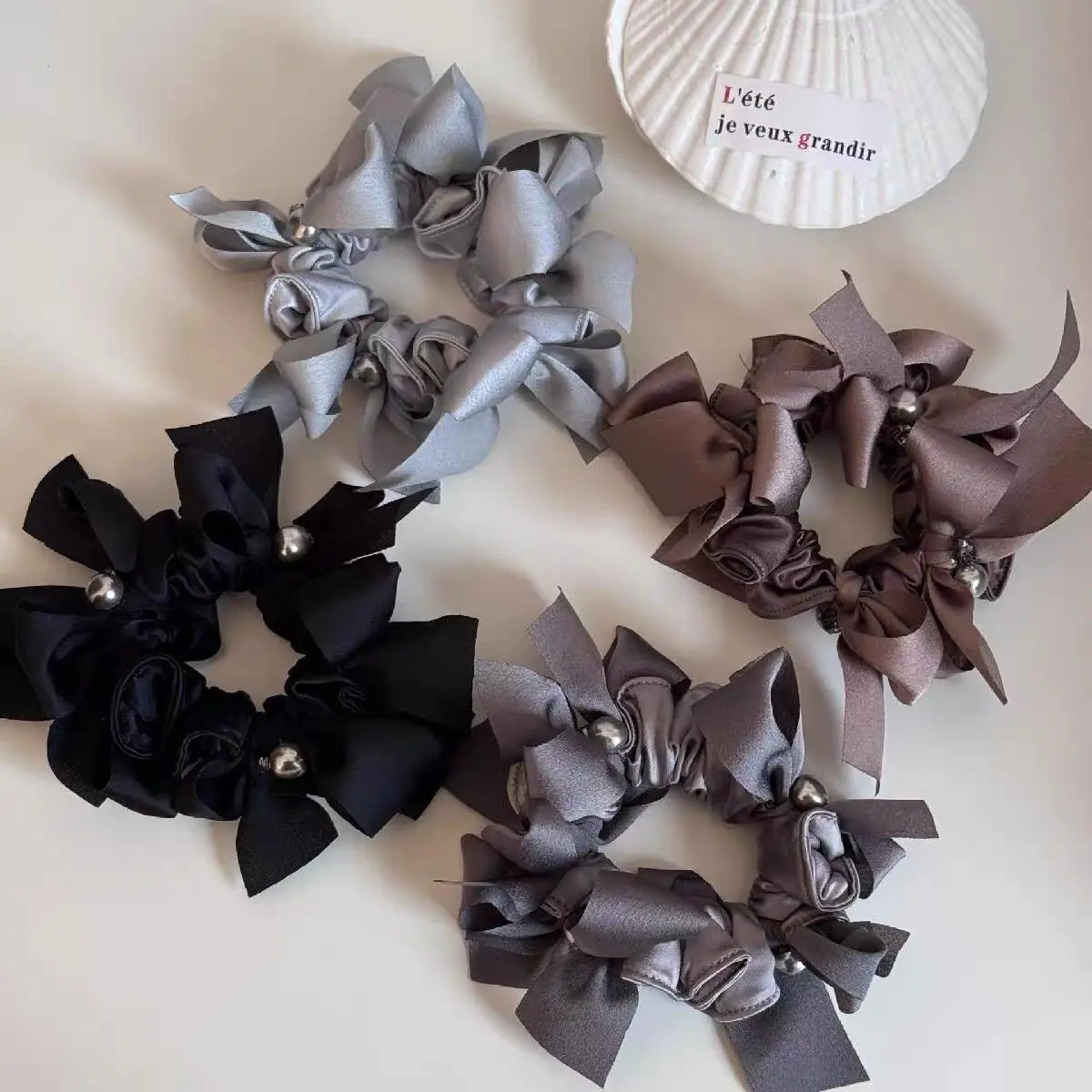 Elegant Pearl Bow Scrunchie with Ribbon Knot for High Ponytail Messy Bun Premium Soft Lightweight Ivory Elastic Daily Use