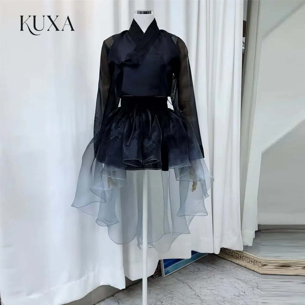 KUXA Simple Black Gradient Hi-Lo Hanbok Long Sleeves Organza A Line Korea Wedding Photo Shoot Dress Customized Evening Dress
