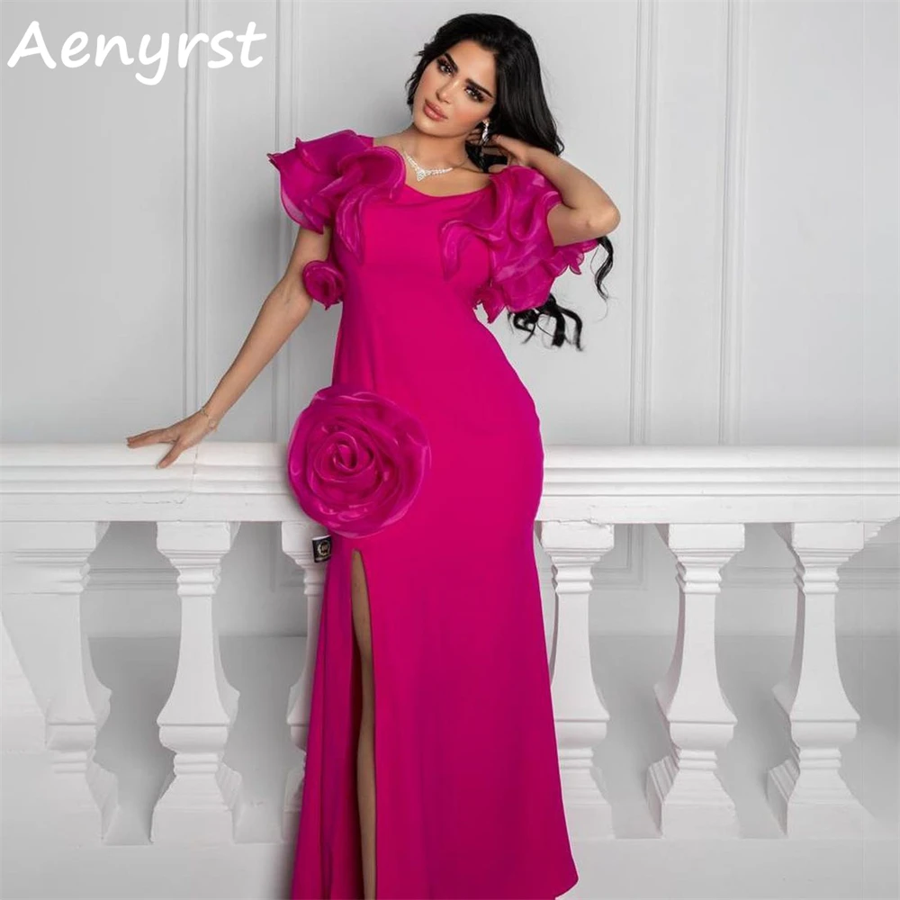 Aenyrst O-Neck 3D Flower Satin Saudi Prom Dresses Mermaid Ruffles Split Evening Gowns For Women Floor Length Formal Party Dress