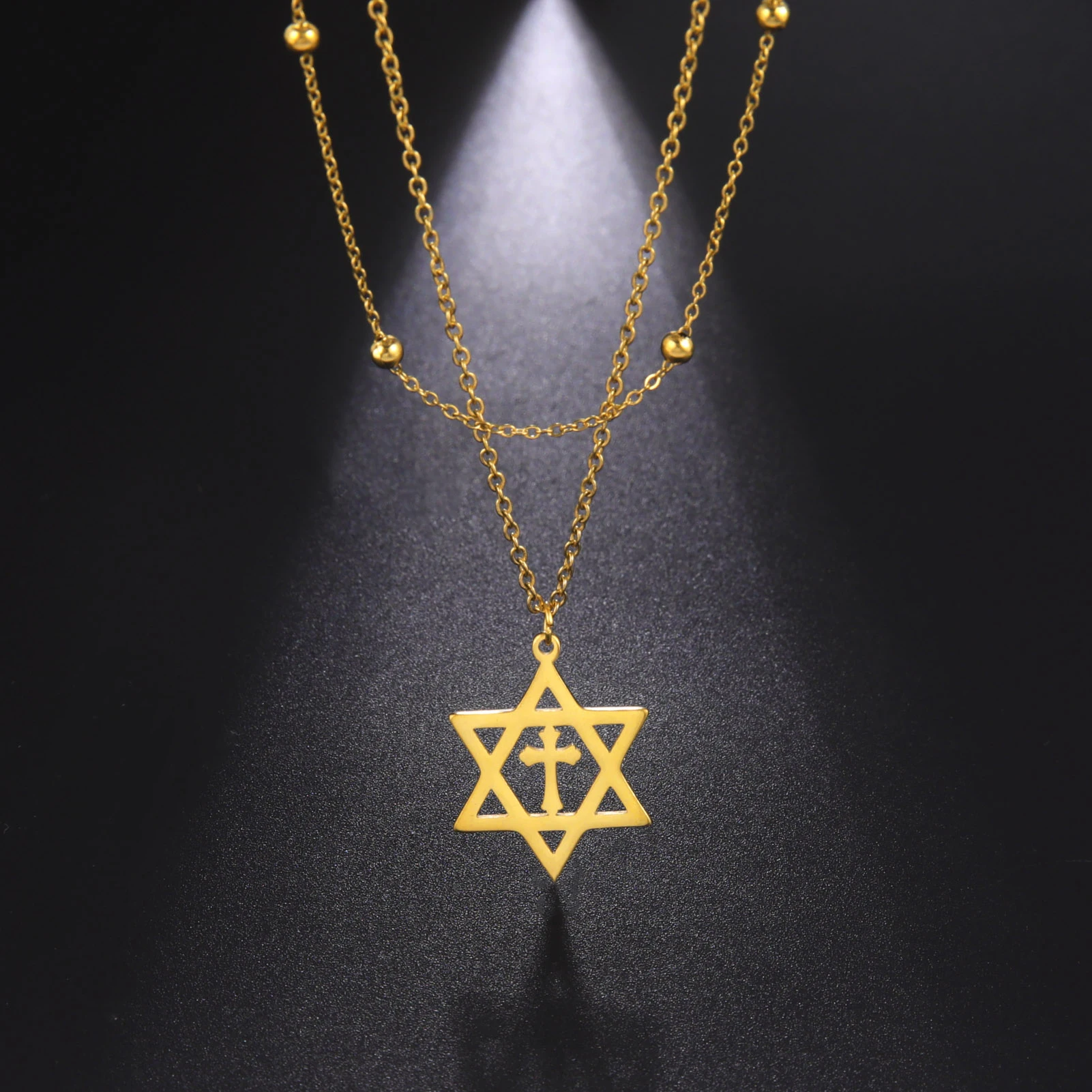 Cazador Stainless Steel Gold Color Star of David Christian Cross Pendant Necklace Jewelry Necklaces for Women Men Jewish Israel