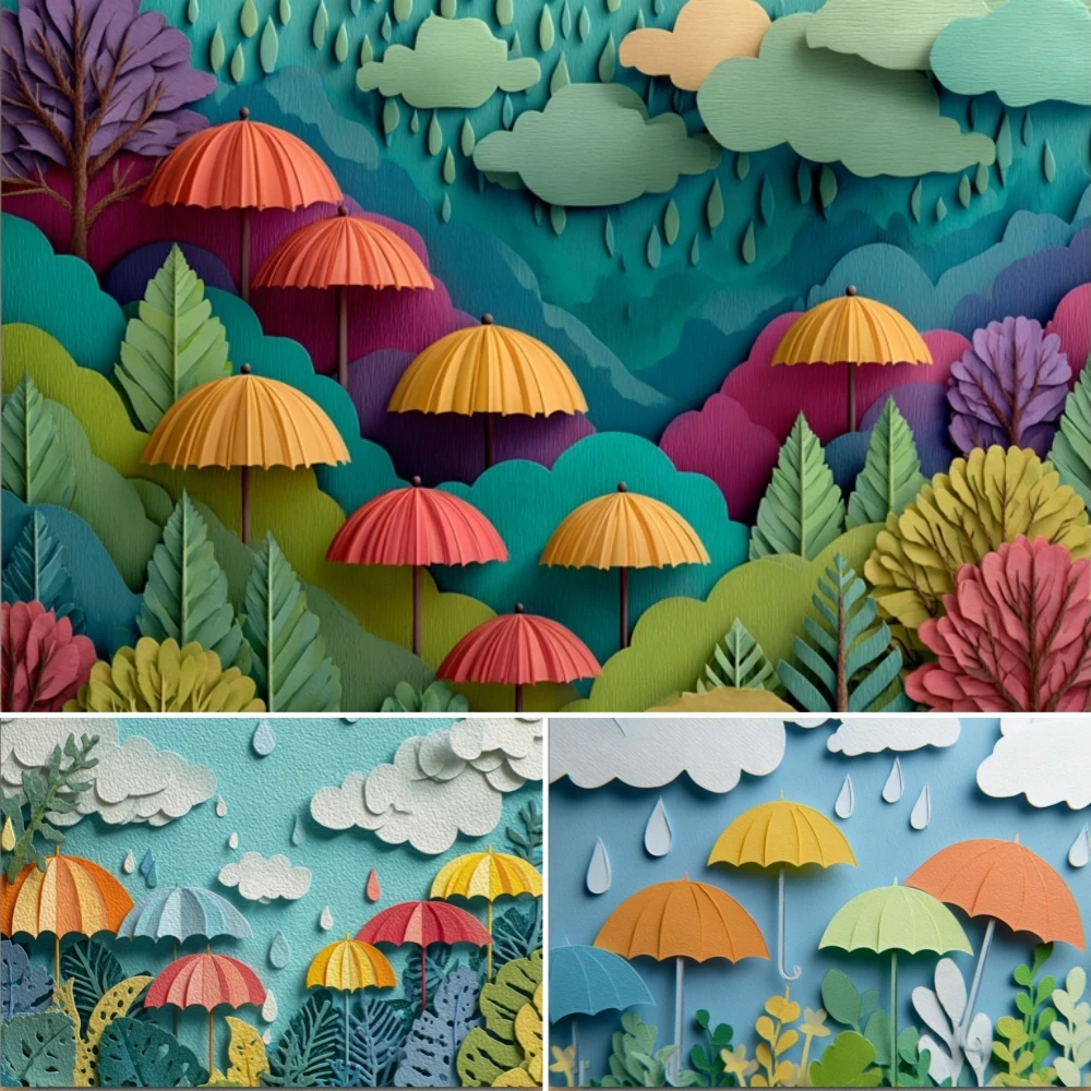 

Colorful Umbrella Raindrop Backdrop Rainy Raindrops Clouds Green Plant Themed Kids Birthday Party Decor Photography Background