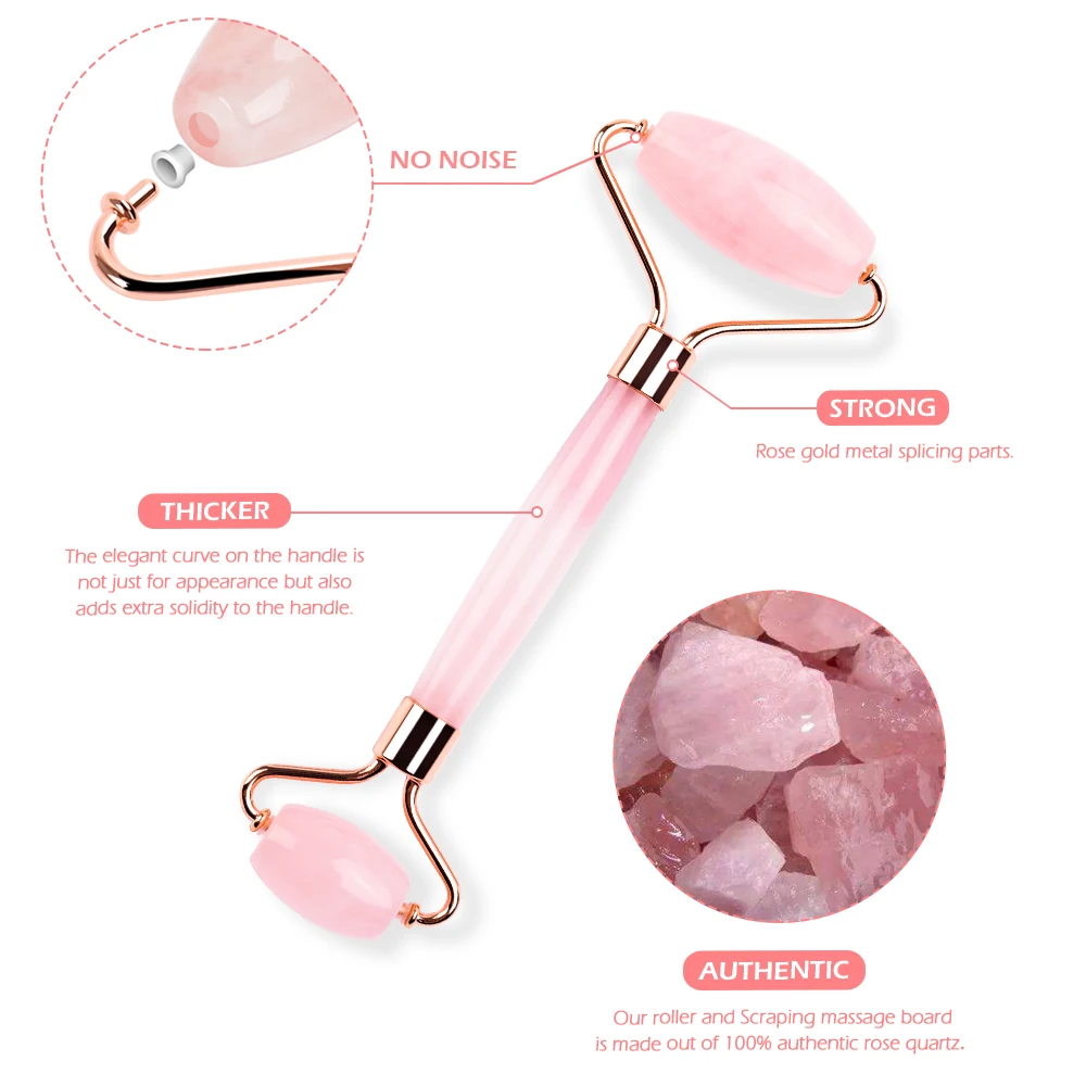 Rodillo de jade de cuarzo rosa rosa Gua Sha Set Masajeador corporal facial Adelgazamiento Levantamiento Rodillo de masaje de piedras de jade natural