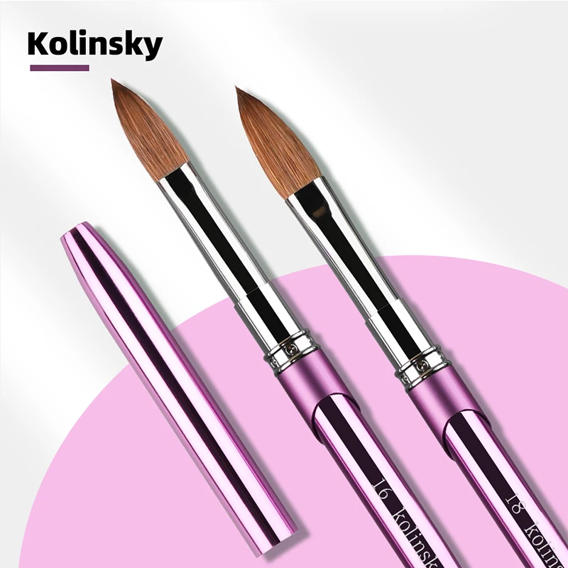 Professionele 100% Kolinsky Nail Art Brush Roze Paars Handvat Koperen Metalen Tekenpen voor Acryl Poeder Nail Tool Maat 2 # -18 #