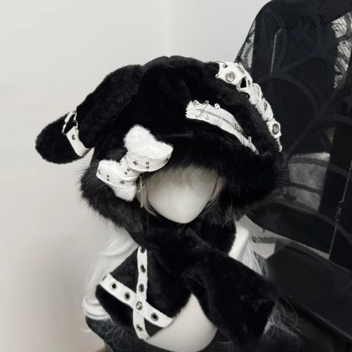 여성 일본 하라주쿠 Y2K 소녀 모자 고딕 토끼 귀 겨울 따뜻한 니트 플러피 본 모자 따뜻하게 유지하는 스카프 비니 모자