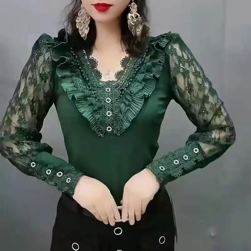 

Осень-зима 2022, свободные пуловеры для поездок на работу, офисные женские рубашки, элегантные кружевные блузки с v-образным вырезом и бисером, оборками, женская одежда