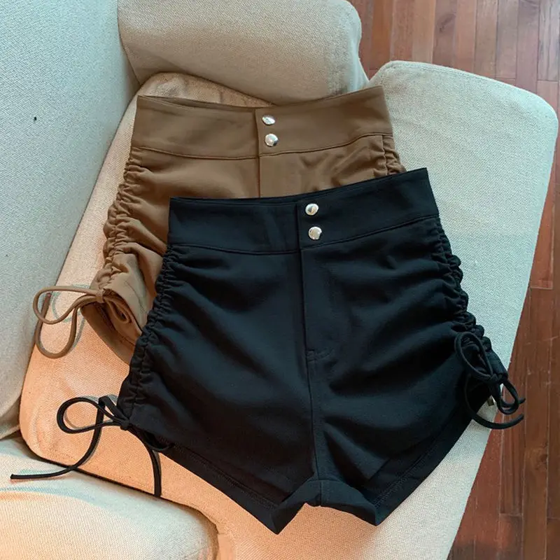 Sexy Club Shirring High Waist Slim Shorts Woman 2023 Summer New Korean Fashion Street All-match Folds Zipper Button Casual Short