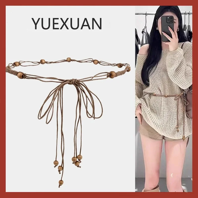 

Женская поясная цепочка YUEXUAN в богемном этническом стиле, тонкая, плетеная, с бисером и кисточками, коричневая, для платьев, свитеров, для отпуска