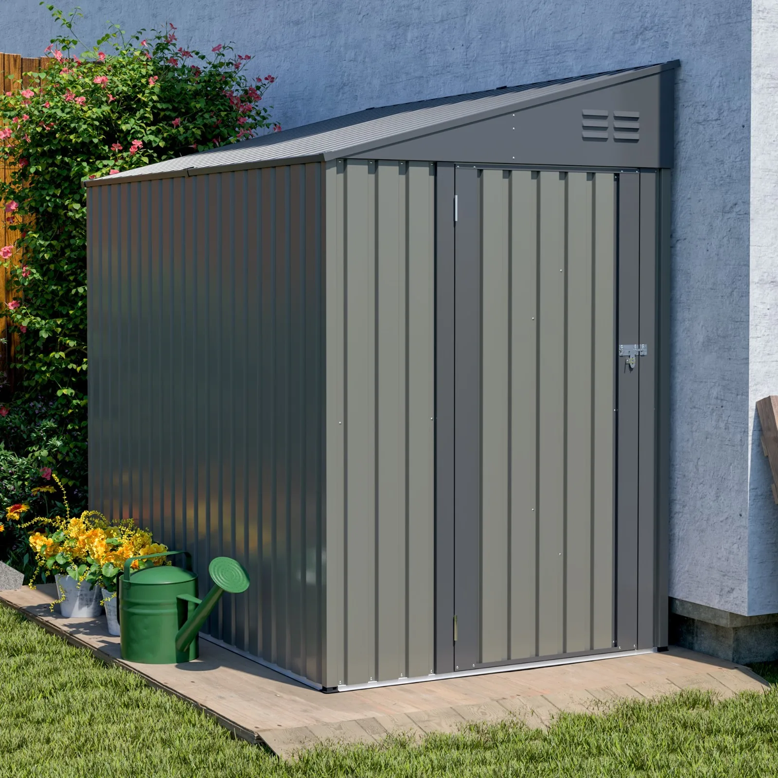 

4'×7'Outdoor Storage Shed Metal Utility Steel Tool Shed with Lockable Door Gray