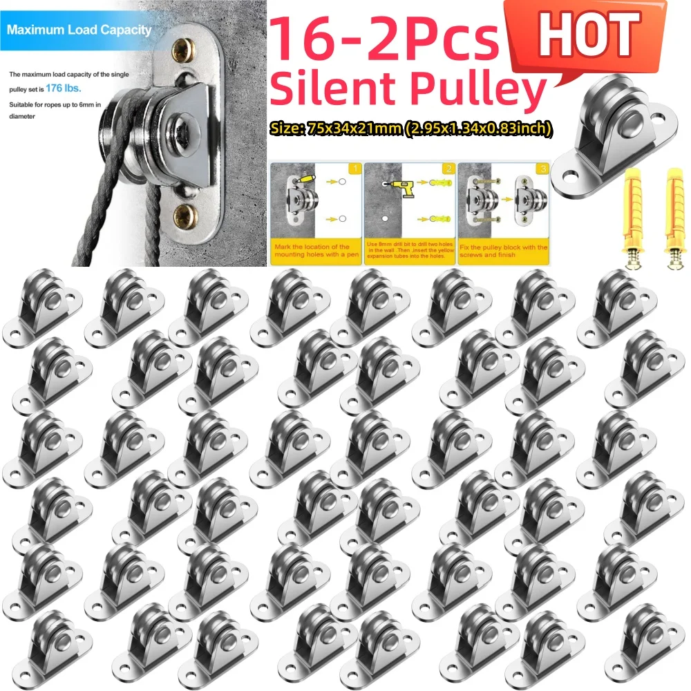 2/4PCS Stainless Steel Pulley Block Kit Silent Pulley Heavy Duty Fixed Pulley Detachable Loading 176Lb Lifting Wheel Moving Tool