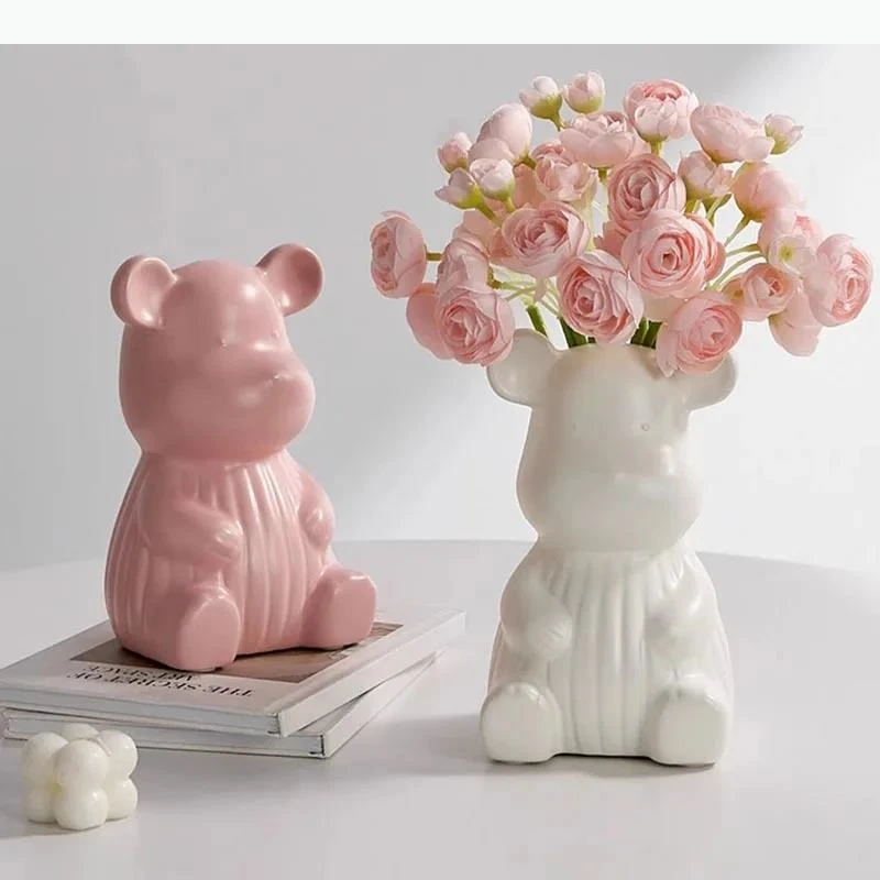 Florero de cerámica de oso, adorno para mesa de comedor, arreglo floral, utensilios, florero hidropónico, decoración estética para sala de estar