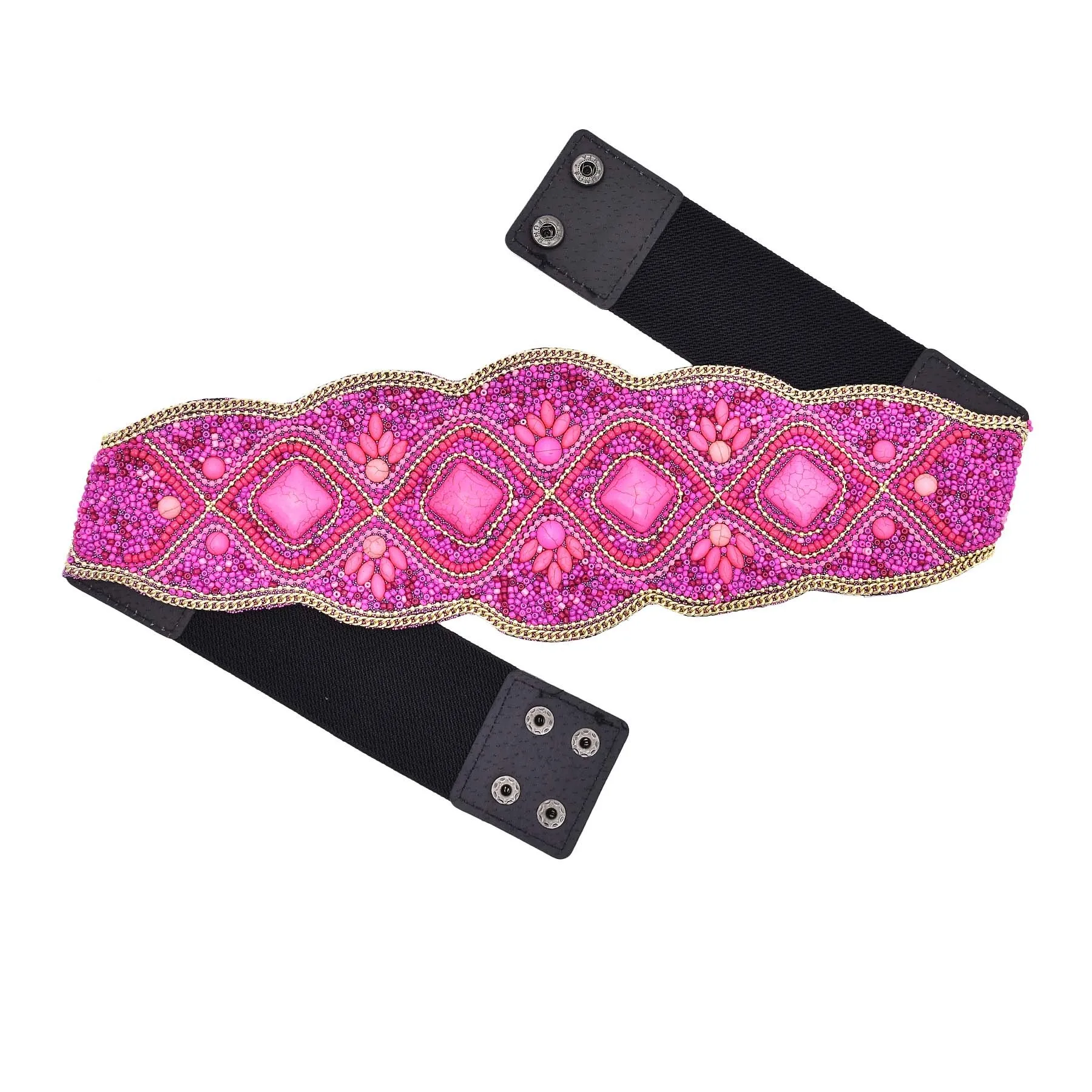 

Rose Red Geometric Block Stone Waistband Elastic Leather Belts New Design Vintage Dress Accessories Gift