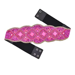 Rose Red Geometric Block Stone Waistband Elastic Leather Belts New Design Vintage Dress Accessories Gift
