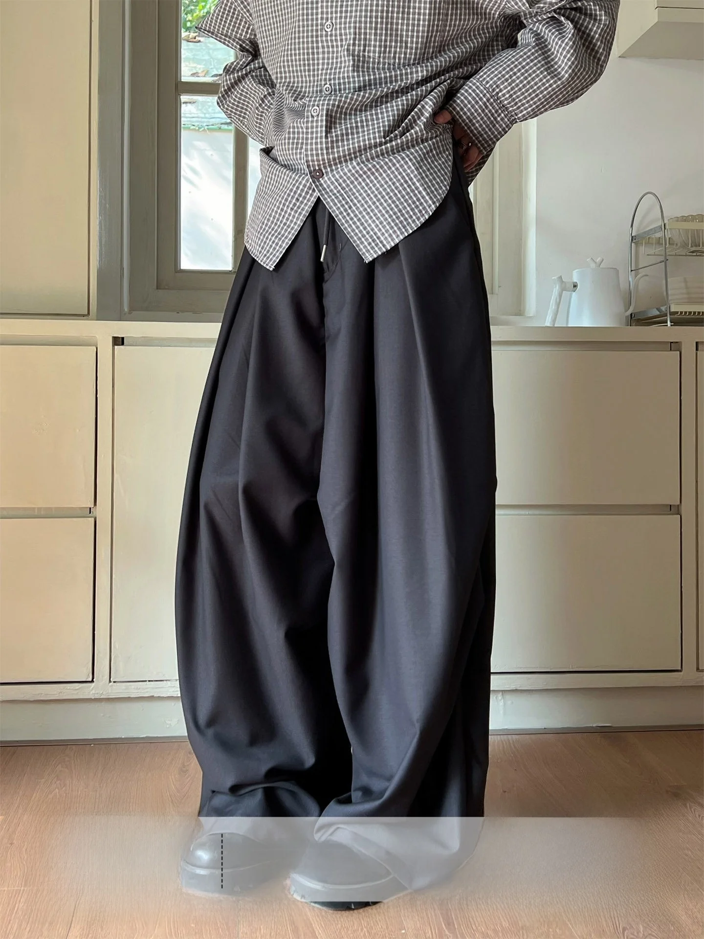 

Casual Drawstring Pleated Wide Leg Pants Unisex Casual Wear for Couples Floor Length Trousers Polyester Composite Fiber