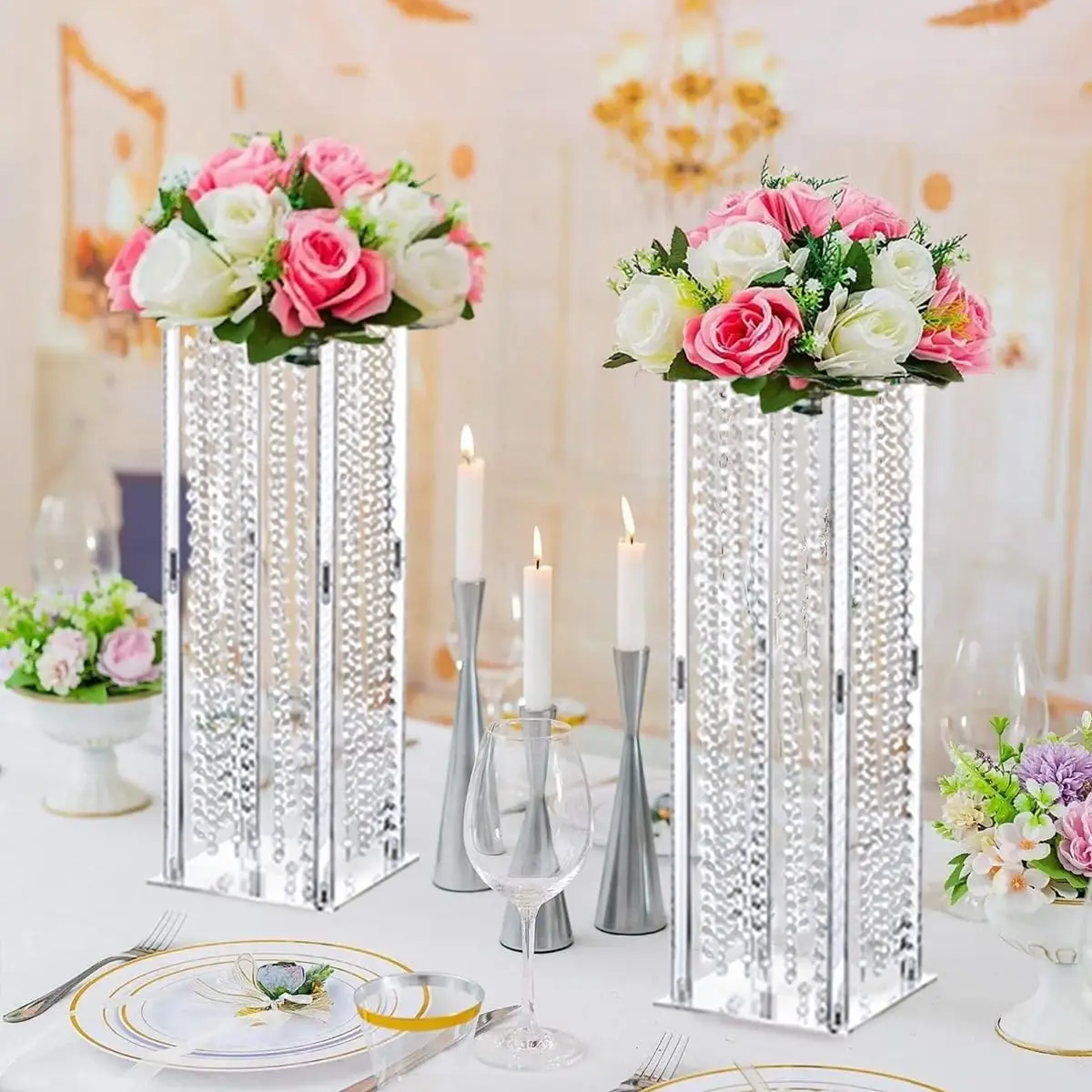 

4PCS 23.6inch Tall Acrylic Wedding Vase Crystal Vases for Centerpieces with Chandelier Crystals Beads for Birthday Wedding Party