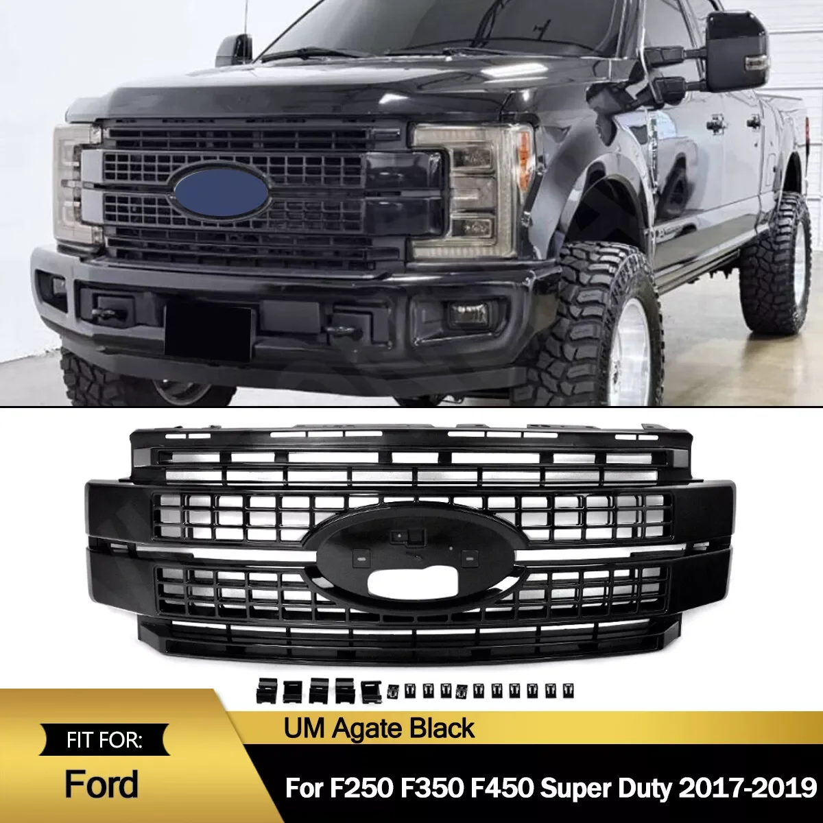 

Front Bumper Upper Racing Grille Replace For 2017 2018 2019 Ford F250 F-350 F-450 Super Duty Front Grill Assembly UM Agate Black