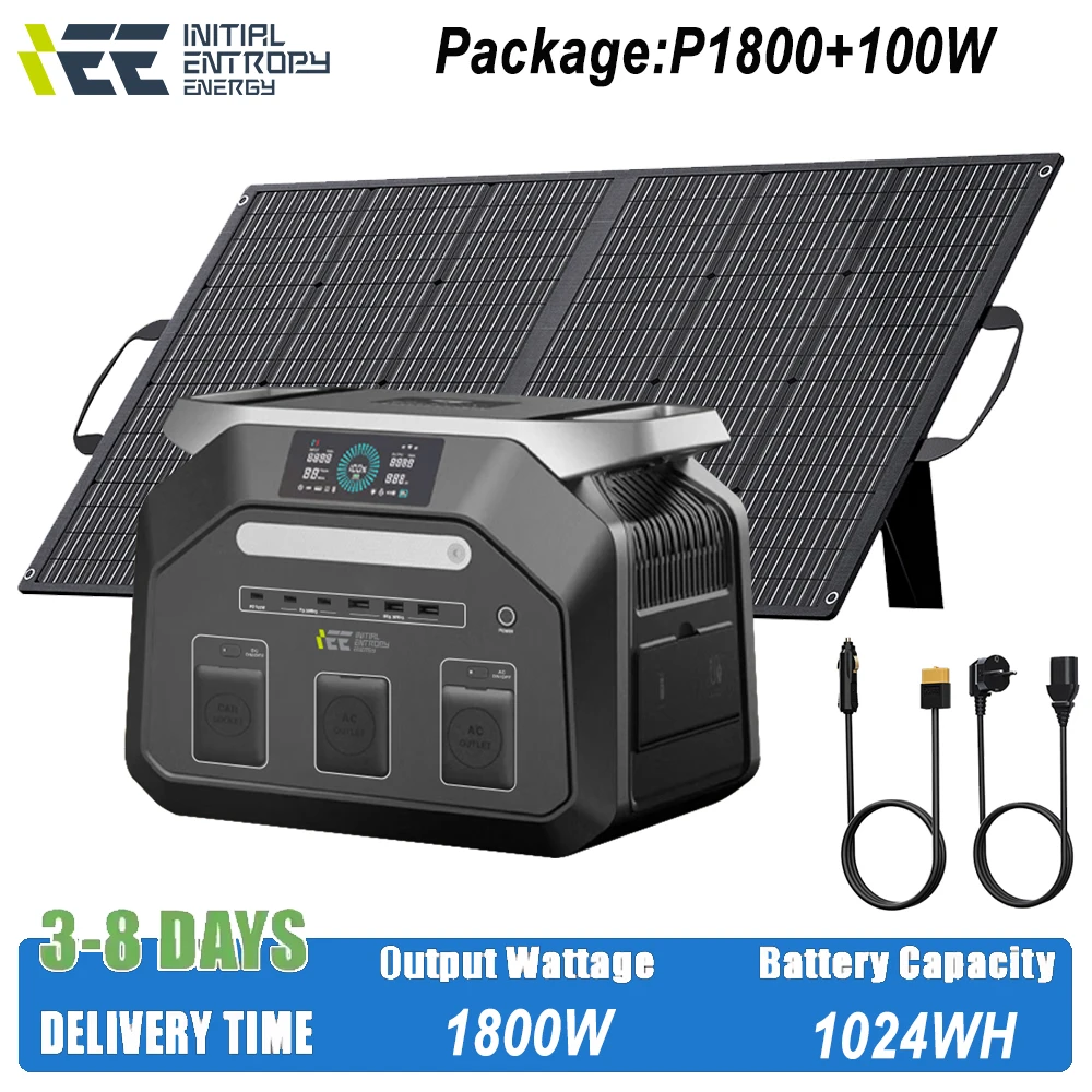 Station d'alimentation portable IEE P1800 1800W 1024Wh, puissance de sortie 3600W, prise EU 220V AC, Powerstation + panneau solaire 100W