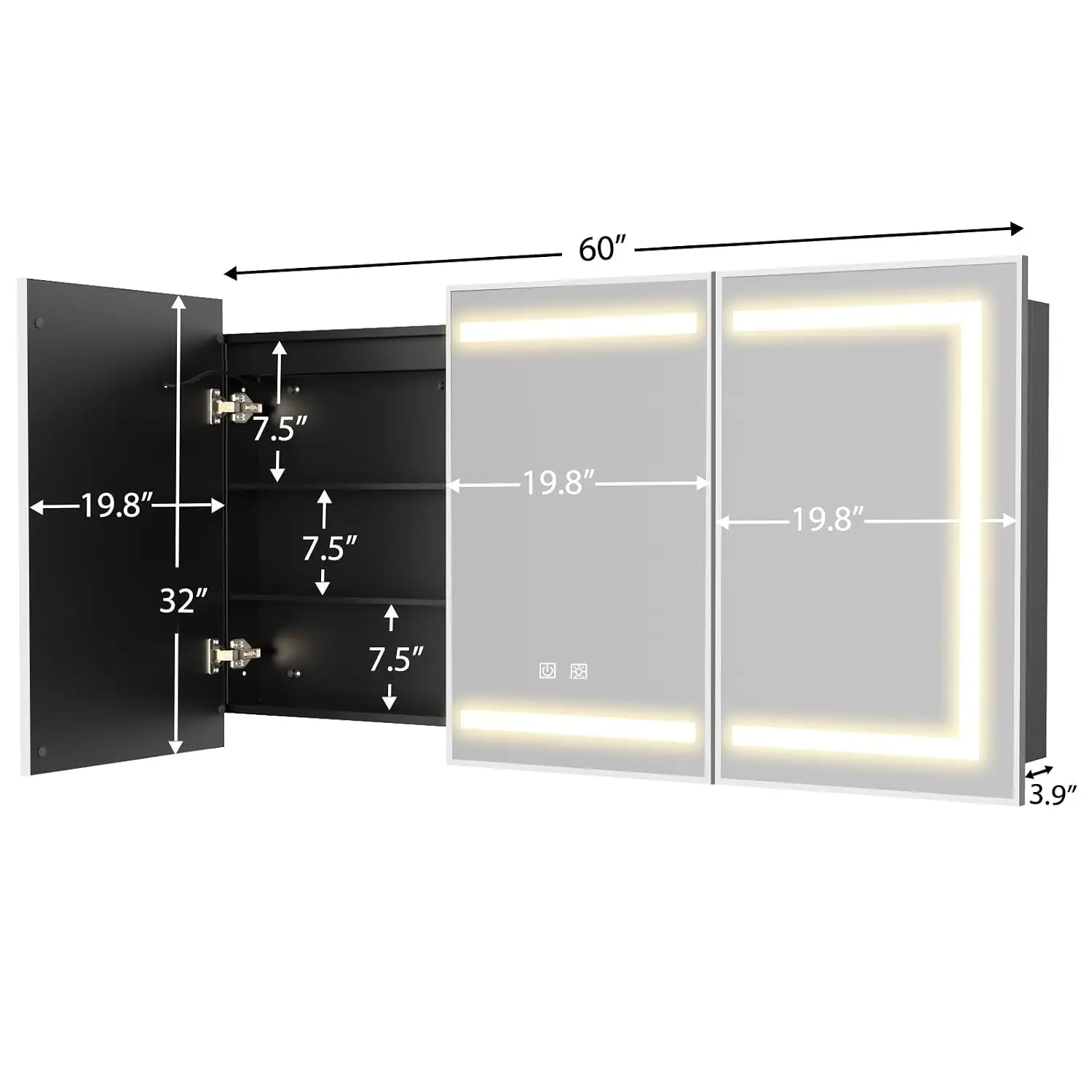 60x32 Inch LED Medicine Cabinet, Silver Bathroom Mirror Storage, Recessed & Wall Mount, 3 Color Dimmable Light, Customized