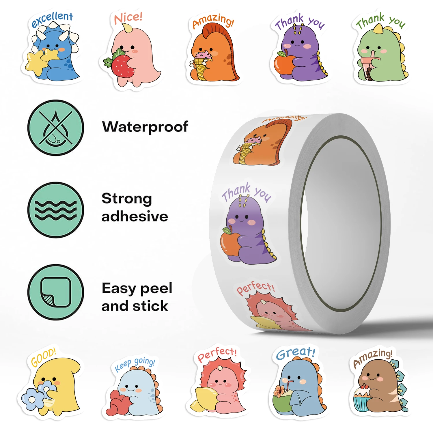 恐竜のご褒美ステッカー 500 枚 電話、ノートブック、封筒シールに最適 - ユニークな恐竜パターン 10 枚