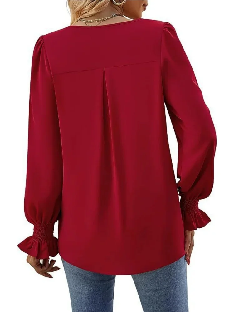 Blusa informal de manga larga para mujer, camisa con cuello en V, Color liso, estilo primavera y verano