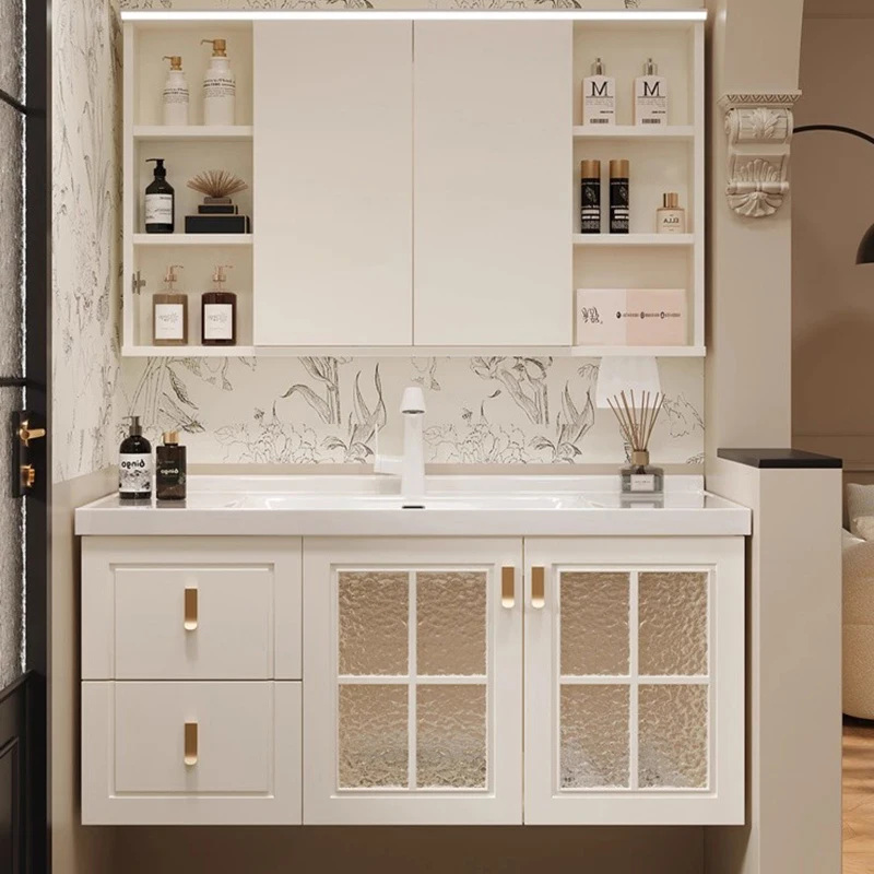 French Vintage Oak Smart Bathroom Cabinet Bathroom Ceramic Sink Cabinet Bathroom Vanity Articulos Para El Hogar Storage Cabinets