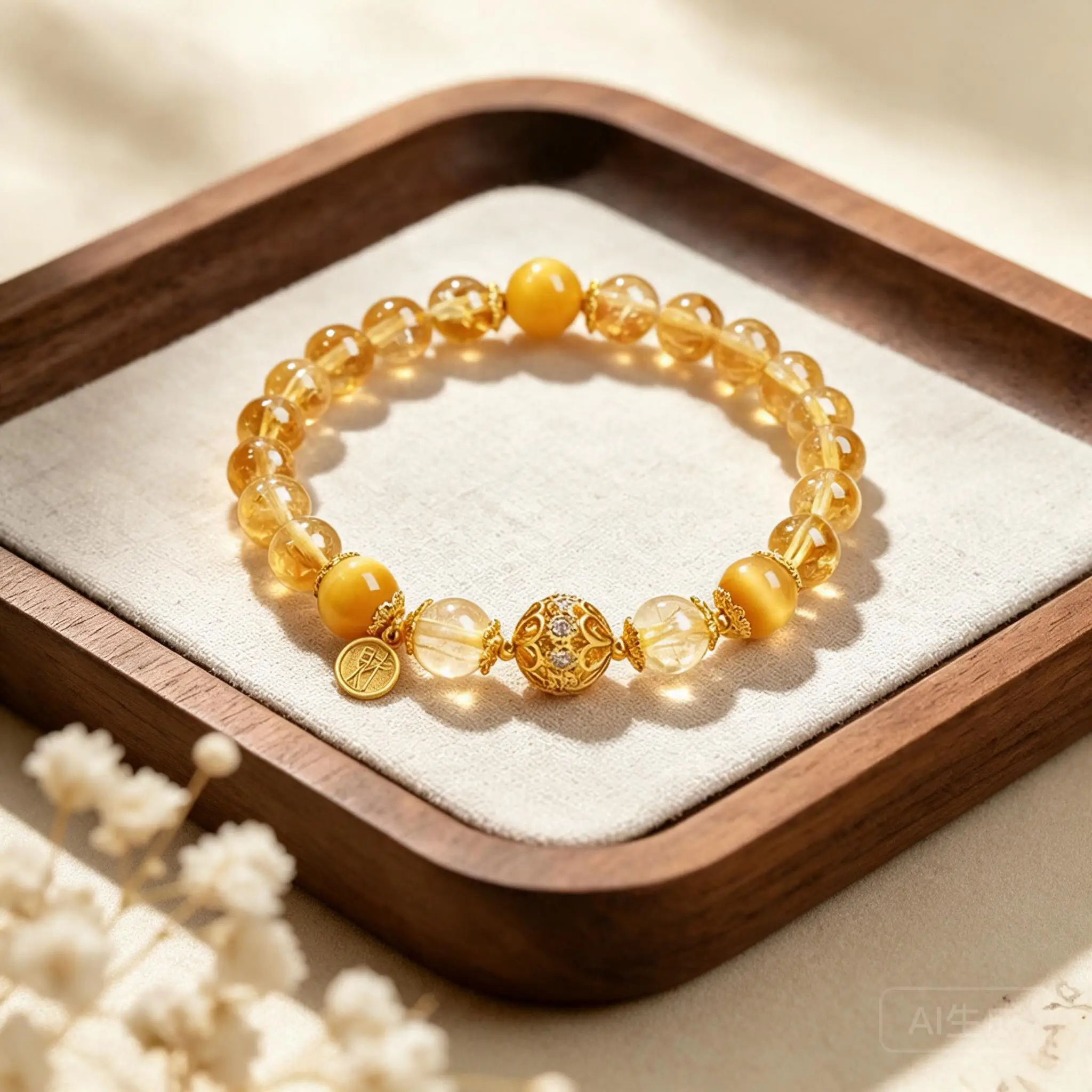 Chinese Style 8mm Natural Yellow Citrine Handstring Bracelet Tiger Eye Gold Rutilated Quartz Lucky Wealth Amulet Gift For Women