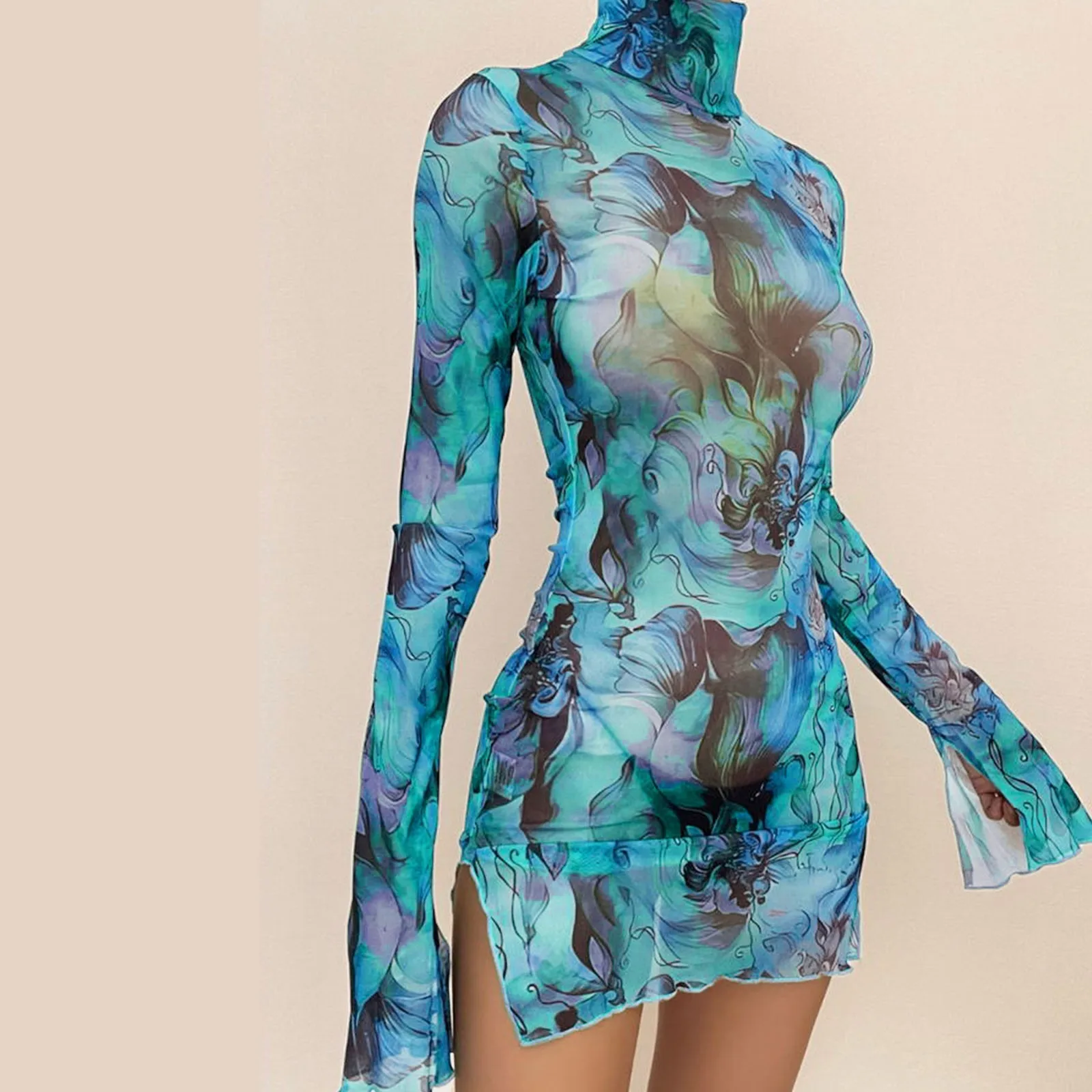 

Mesh Print Long Sleeve Turtleneck Mini Dress Sexy Elegance Sexy See Through Stretch Side Slit Wrap Hip Dresses Party Bodycon