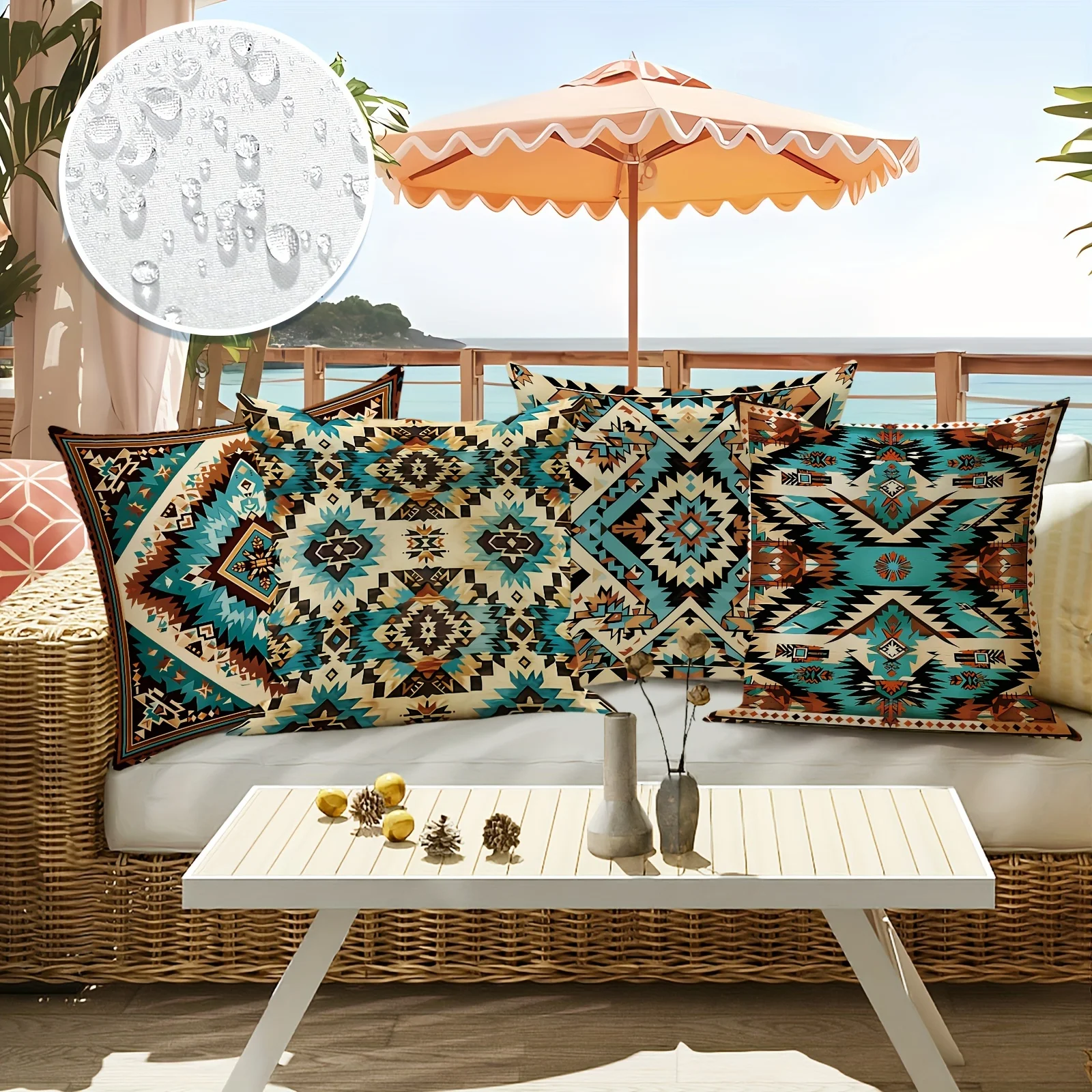 4Pcs Bohemian Aztec Pillow Covers - Premium Twill Outdoor Cushion Covers in Brown/Blue for Patio/Garden/Deck Decor