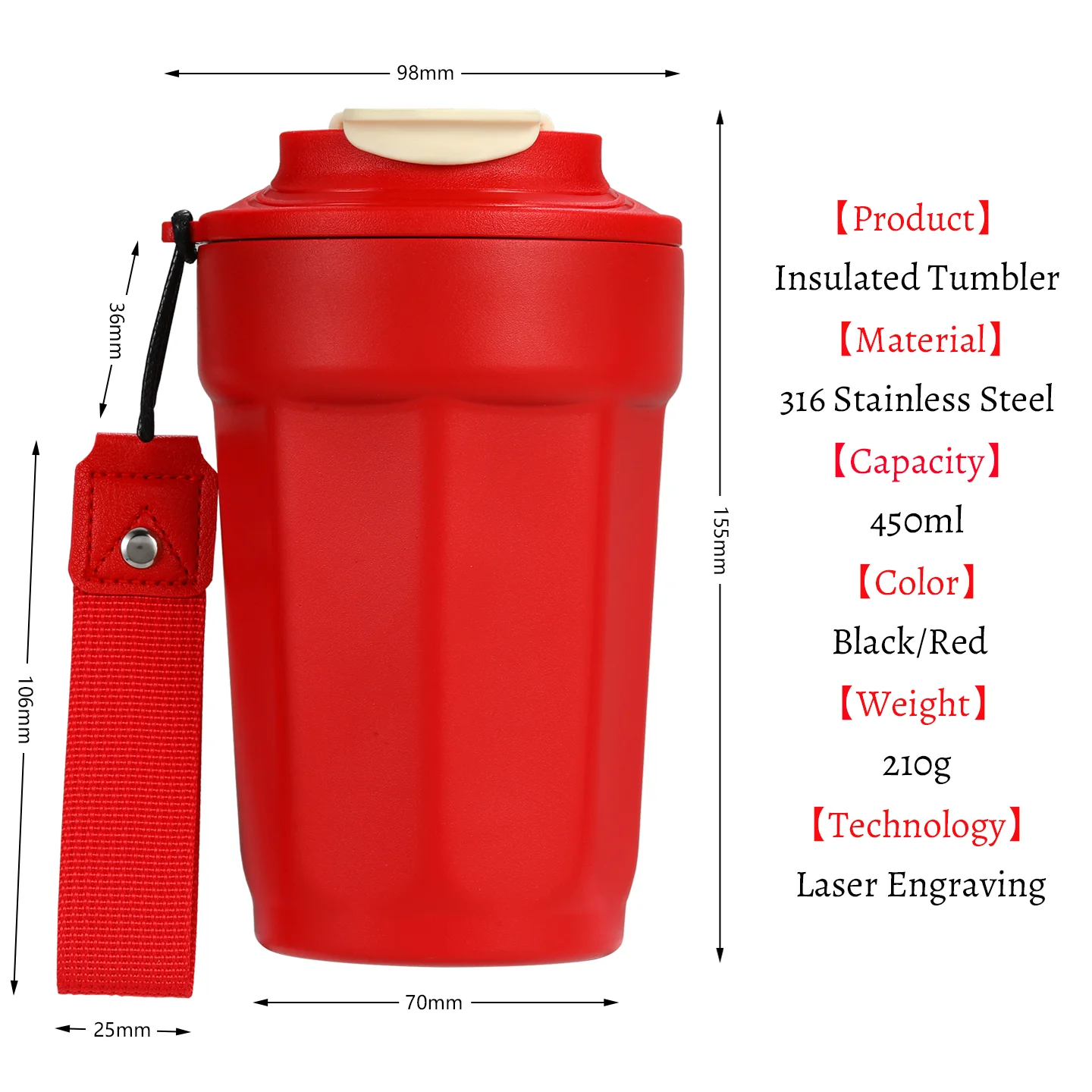 450ml 316 Stainless Steel Vacuum Insulated Thermos Cup Flask Custom Coffee Tumbler Portable Travel Mug with Carry Strap for Car