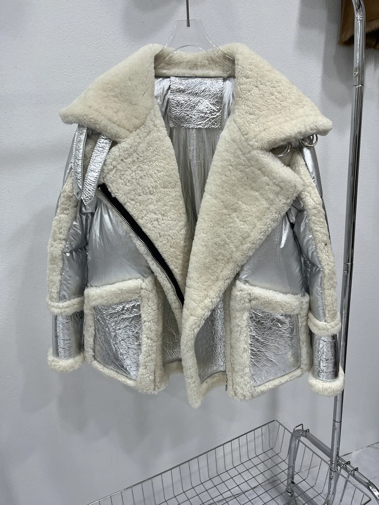 

2023 New Real Fur Coat Winter Coat Women Sliver Genuine Leather Sheep Double-faced Fur Jacket White Duck Down Motorcycle Jacket