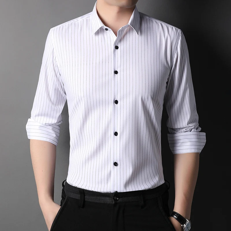 Top Grade New Fashion Brand Designer Slim Fit With Cufflinks Vertical Stripes Mens Shirts Casual Long Sleeve Men Clothing