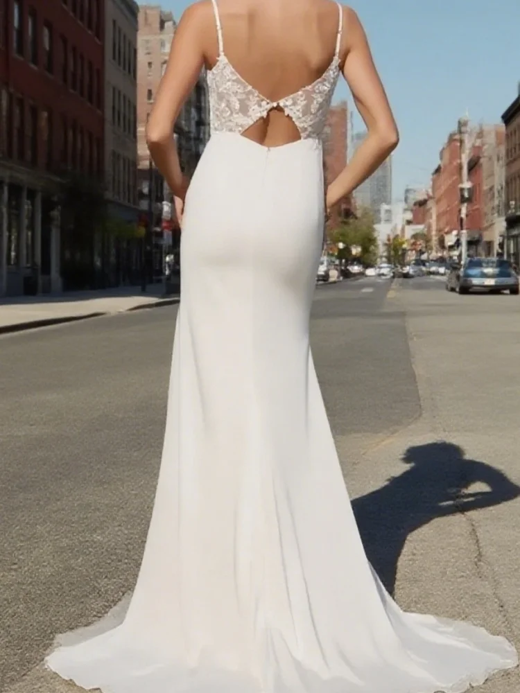 Vestido de novia blanco elegante con tirantes finos y ribete de encaje sin mangas hasta el suelo vestido de novia para mujer personalizado