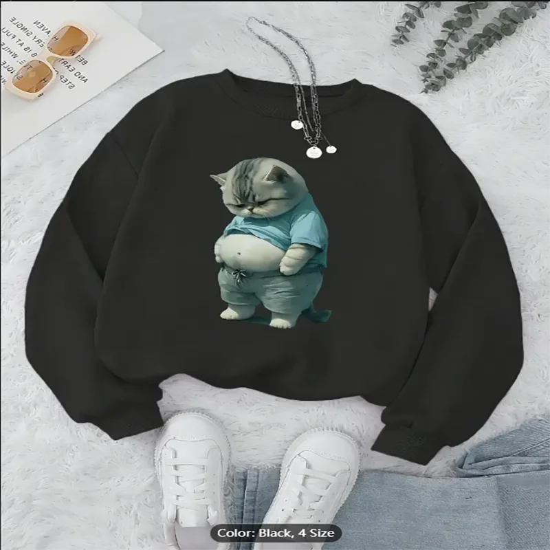 

Womens White Sweatshirt Chubby Cat Graphic Print Casual Oversized Pullover Top for Cat Lovers Pure Cotton Machine Washable