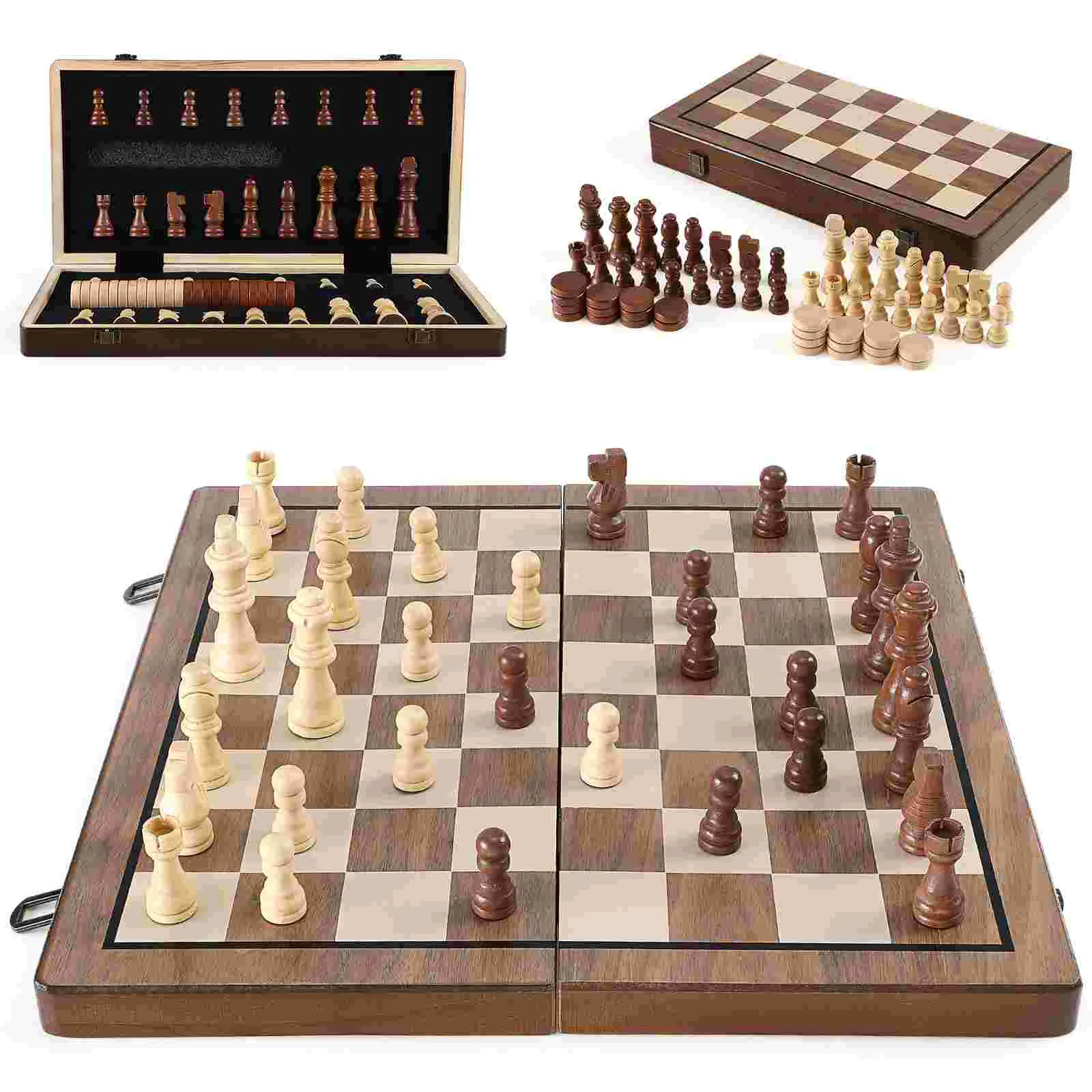 1 Wooden Chess Checkers Board Chess Folding Chess Board Chess Pieces Travel Wooden Checkers