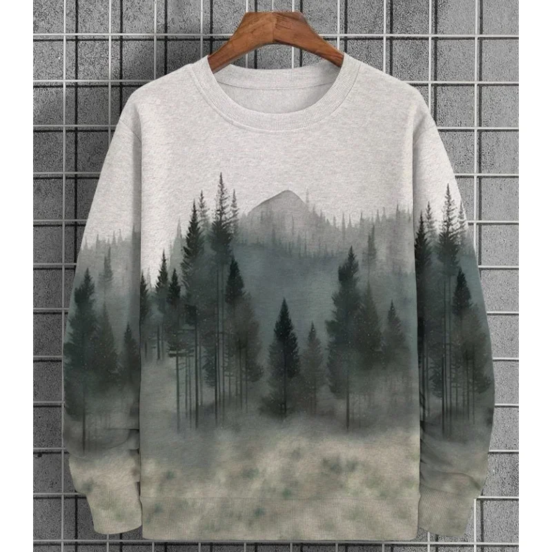 Polyester Men‘s Forest Tree Pattern Hoodie Mountain Plant 3D Print Pullover Autumn Street Long Sleeve Round Neck Loose T-shirts