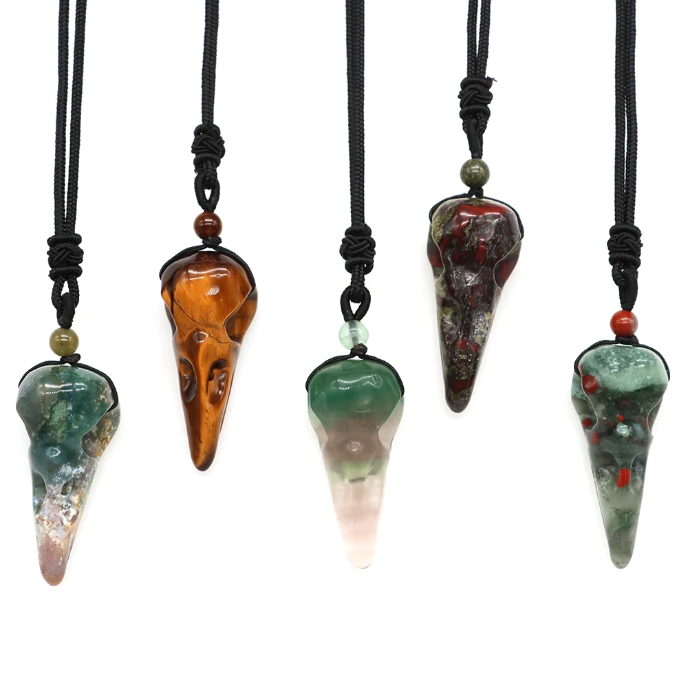 

1.8" Natural Stone Fashion Novelty Crow Head Skull Pendant Necklace Healing Crystal Tiger Eye Jewelry Chains Christmas Present