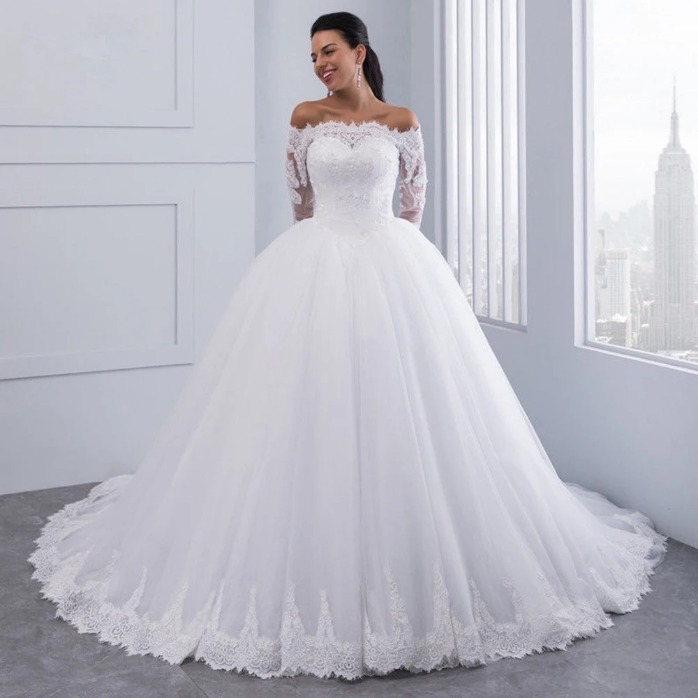 Customized Ball Gown Women Wedding Dresses Long Sleeves Appliques Court Train Bridal Gowns Vestido De Noiva robe de mariée