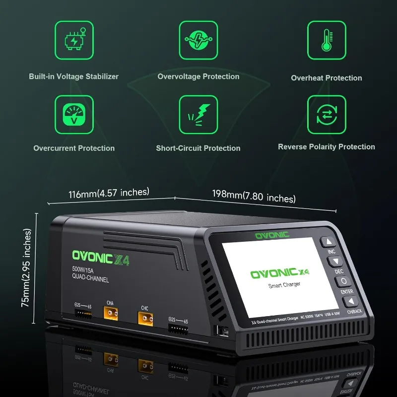 شاحن ميزان X4 LiPo AC 500W 4-قناة تخصيص الطاقة التلقائي، 15 أمبير لكل قناة، يدعم LiPo/Li-Ion/LiHV/Life 1-6S، Ni