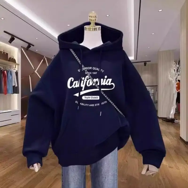 

Модная повседневная толстовка с капюшоном для женщин, на флисовой подкладке, темно-синяя, с принтом, трендовая, на раннюю весну, новая, в стиле Харадзюку