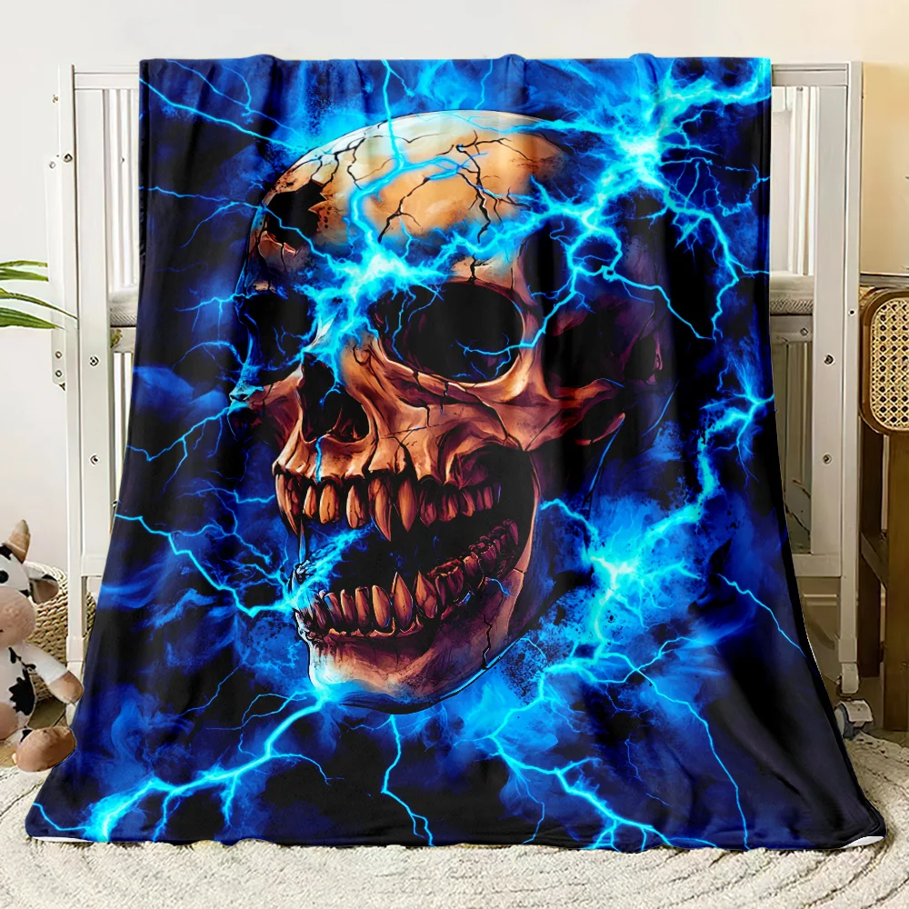 Cool Dark Style Blue Thunder Crack Skull Illustration Pattern Flannel Blanket Warm Throw For Lounge Bedroom Holiday Warm Gift