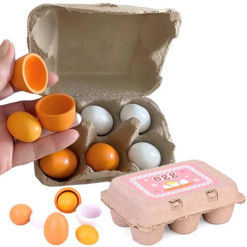 6 unids/caja de huevos artificiales de madera para niños, juguete DIY de Pascua, juego de casa de madera, huevos de cocina, juguetes de comida para educación temprana para niños
