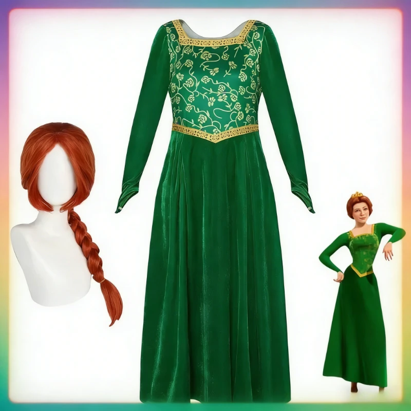 Costume de cosplay Shrek, robe de princesse Fiona, perruque, robe verte à manches longues pour femme, cosplay d'Halloween, vêtements de carnaval d'Halloween