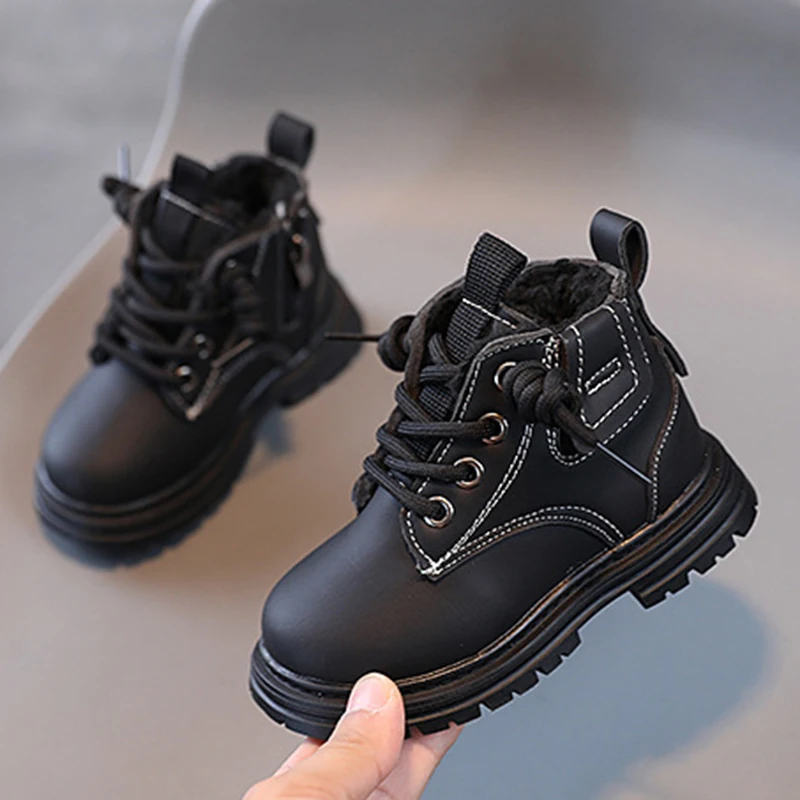 Fashion Kids Boys Girls Boots British Style Winter Warm Short Boots Children Casual Anti-slip Zipper Leather Shoes